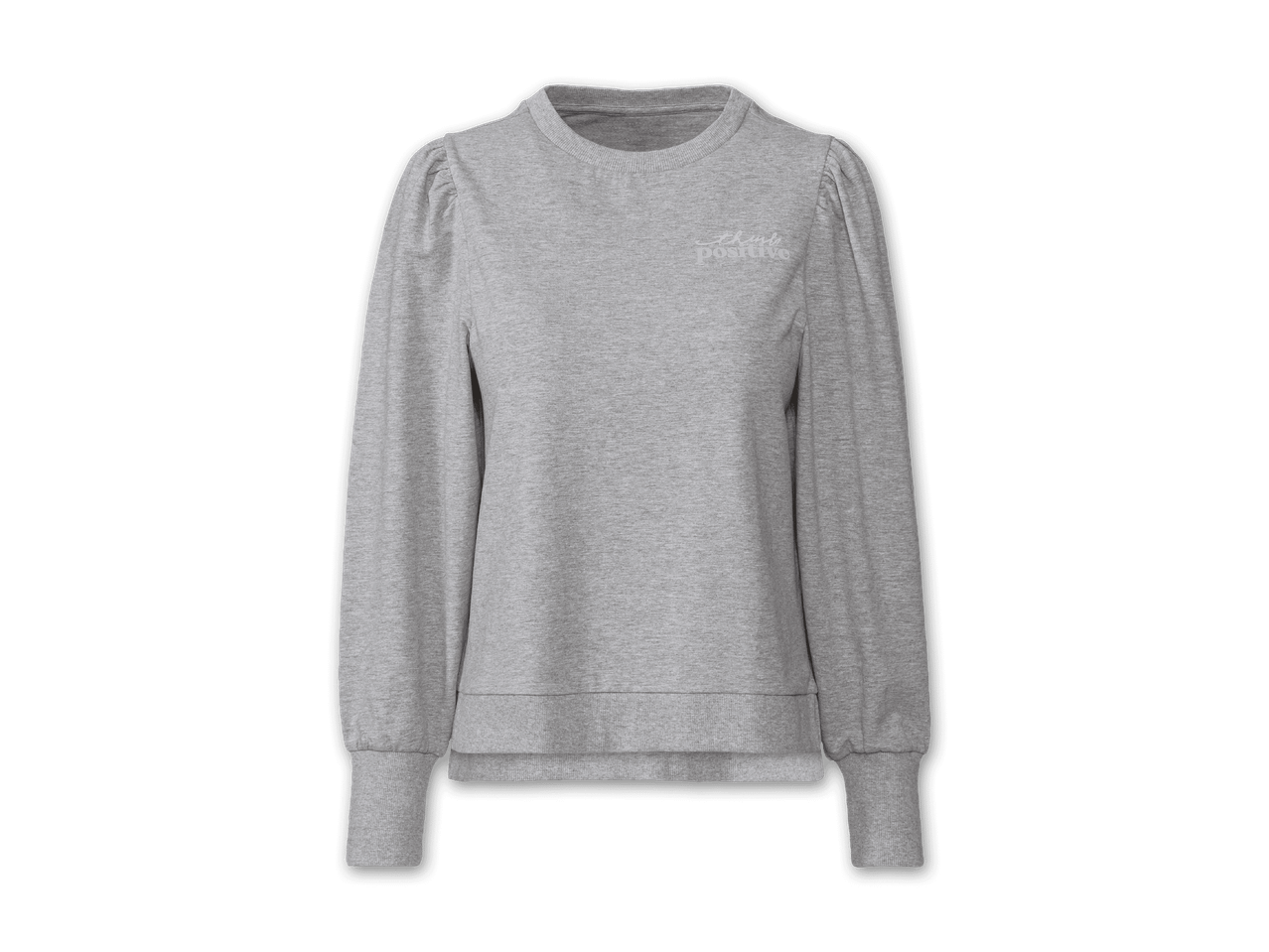 Ein hellgrauer Damen-Sweatshirt mit Puffärmeln und dem Aufdruck 'Stay Positive'.