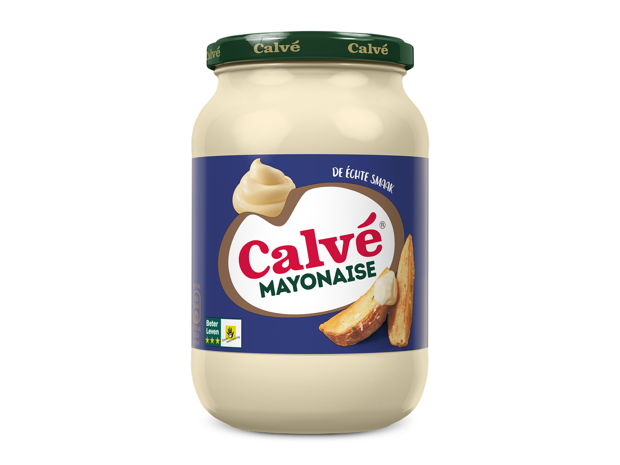 Pot mayonaise met de tekst 'DE ÉCHTE SMAAK' en 'Beter Leven' keurmerk.