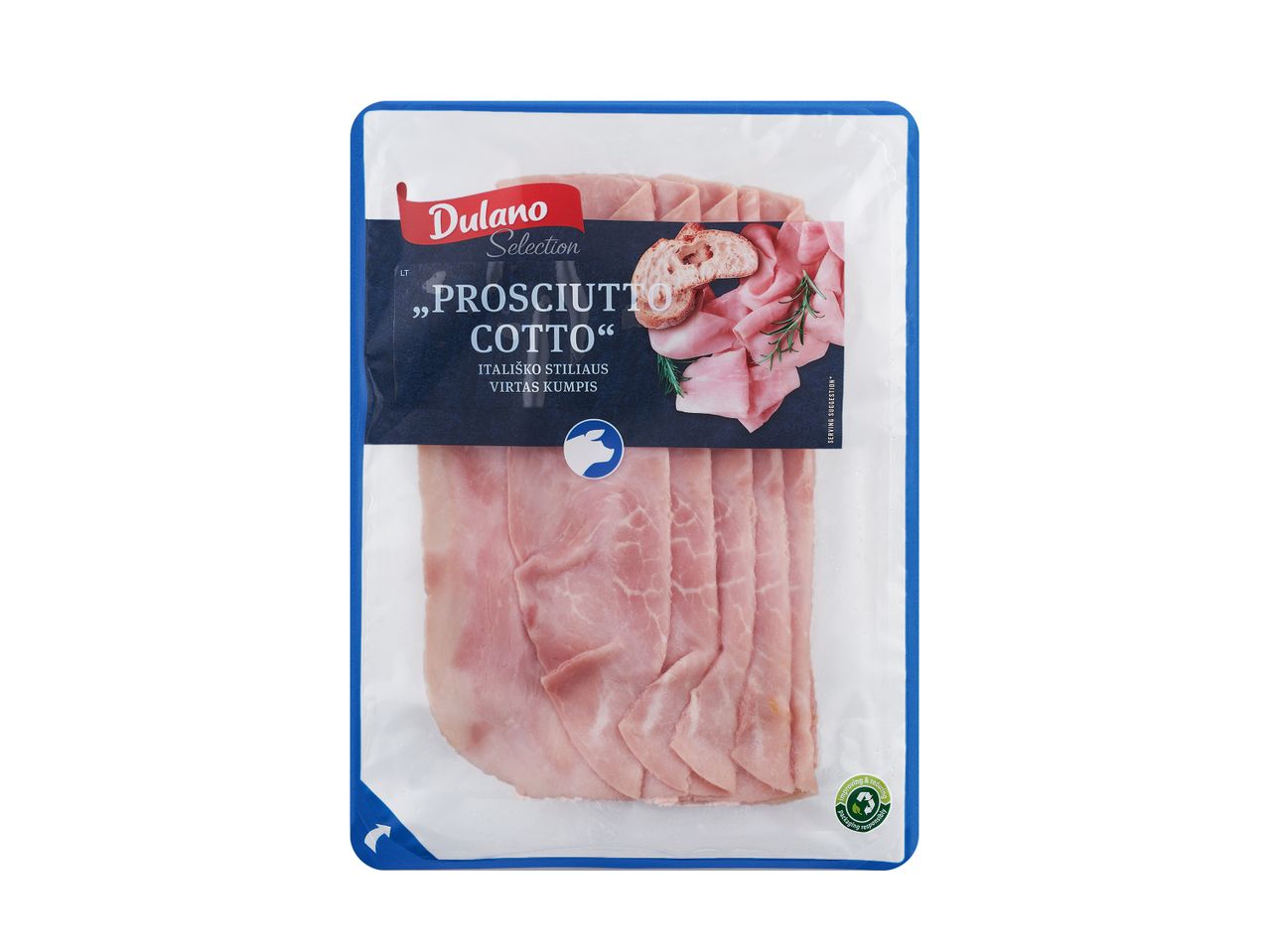 Dulano Selection Prosciutto Cotto:pakuotėje supjaustytos itališko stiliaus virtos kumpio riekelės.