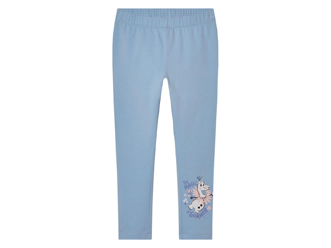 Világoskék gyerek leggings Olaf mintával és „The Magic of Summer” felirattal.