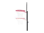 A black basketball hoop with a red rim is shown against a white background.