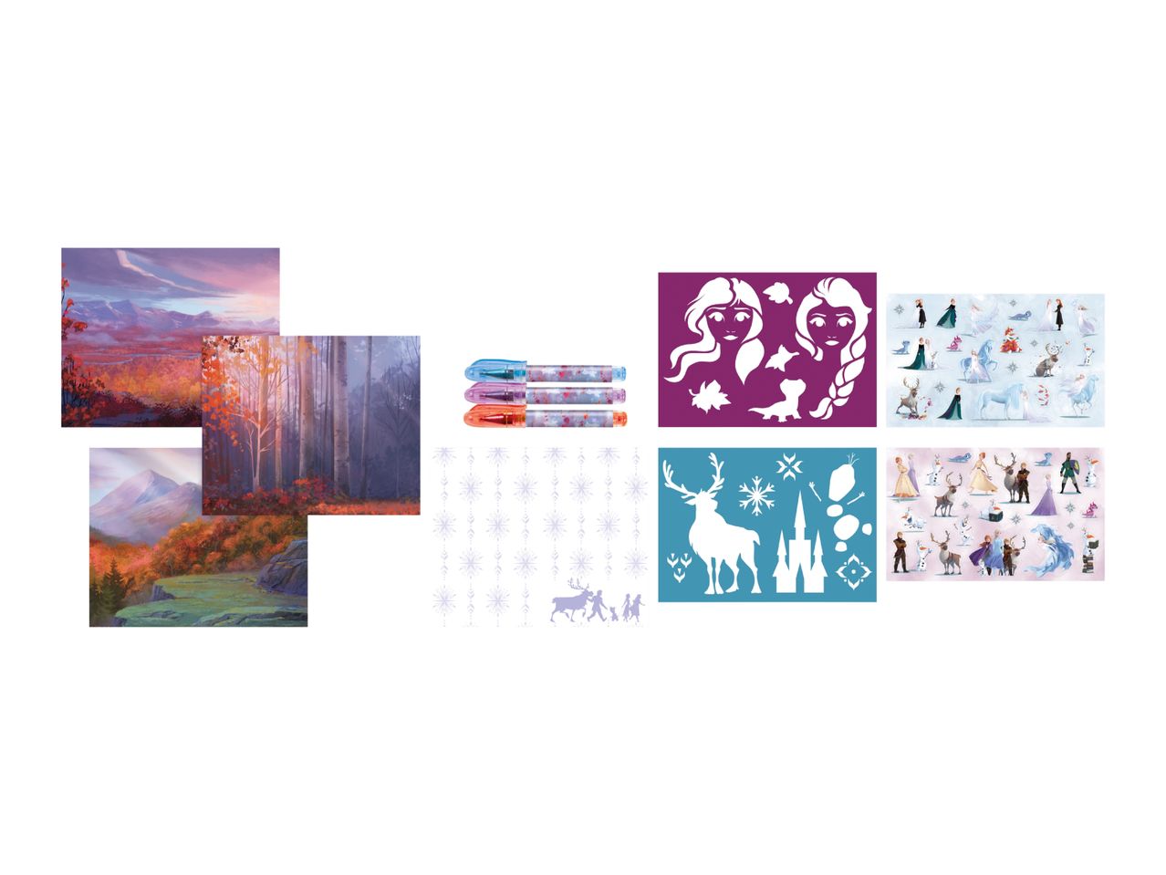 Autumnal forest landscapes, pens, snowflake patterns, character stencils, and sticker sheets.