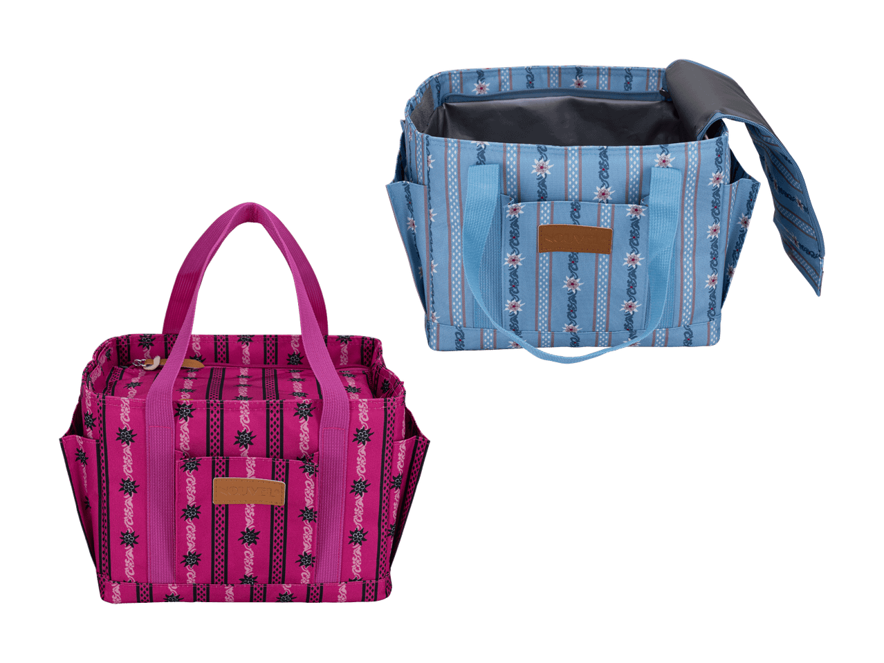 Zwei Kühltaschen mit Blumenmuster, eine pinke und eine blaue, auf schwarzem Hintergrund.
