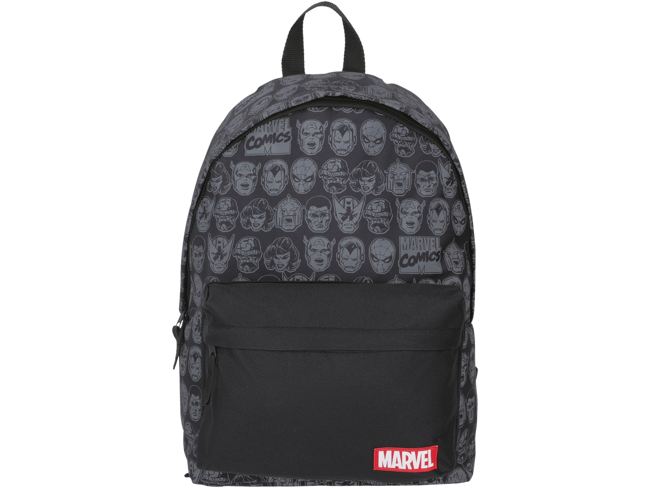 Black Marvel Comics backpack featuring Marvel characters.