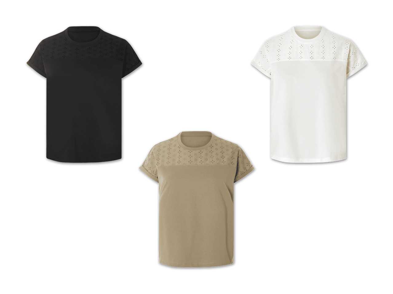 Drei Damen-T-Shirts in Schwarz, Weiß und Beige mit Spitzeneinsatz an den Schultern.