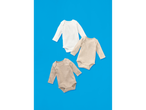 Three Lupilu baby long-sleeve bodysuits in white and beige on a blue background.
