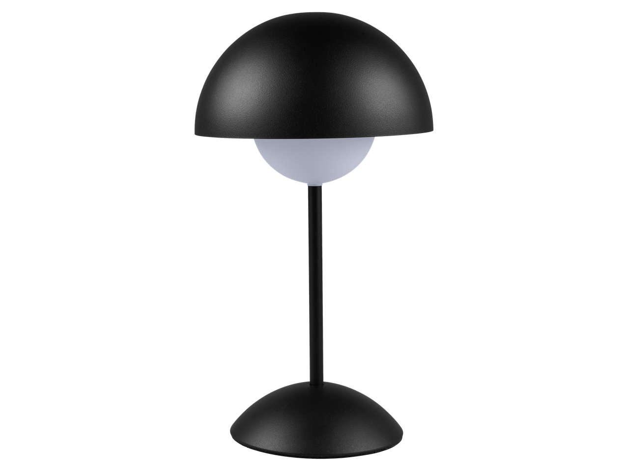 LIVARNO® baterijomis maitinamas LED šviestuvas su juodu puskupoliu gaubtu ir pagrindu.