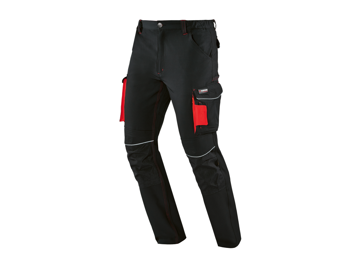 Crne radne hlače PARKSIDE PERFORMANCE s crvenim i reflektirajućim detaljima.