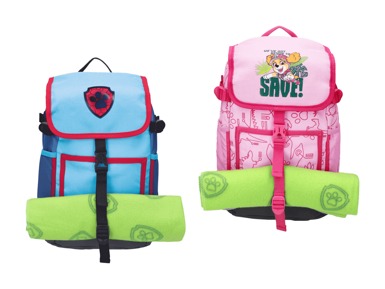 Deux sacs à dos pour enfants, un bleu avec un motif de patte et un rose avec un chiot et le texte 'SAVE!'.