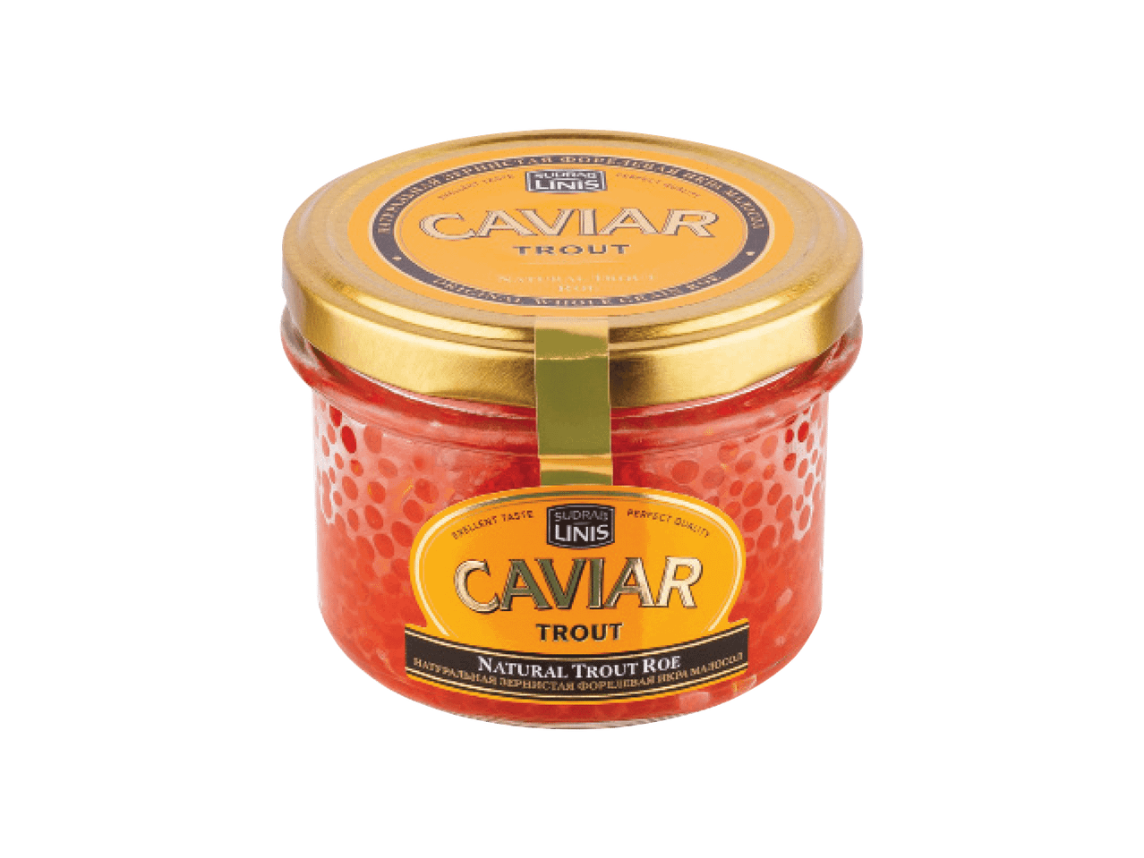 Klaaspurk forellimarjaga, kuldse kaane ja etiketiga, millel on tekst 'Caviar Trout'.