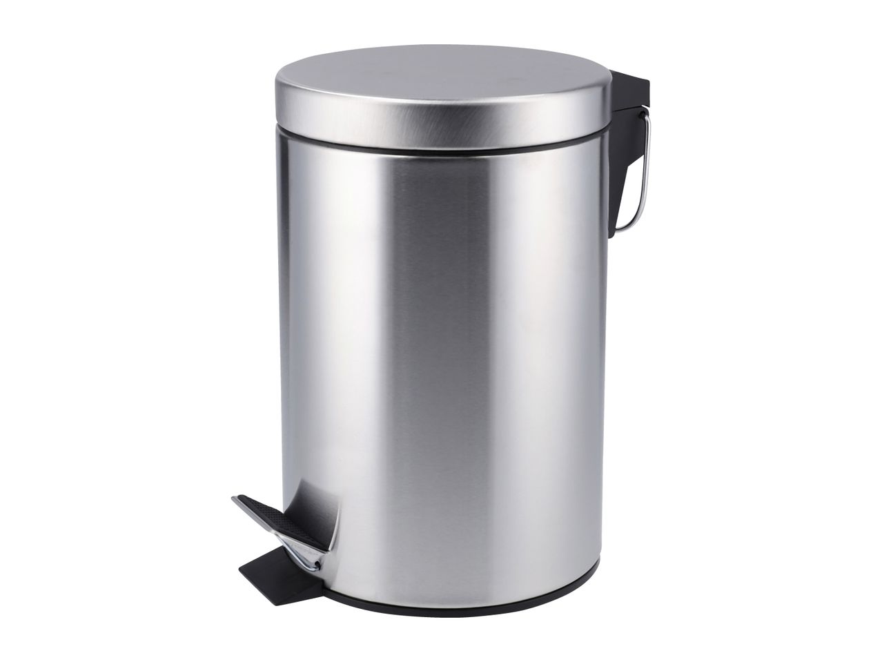 Stainless steel pedal bin with a round lid and a black foot pedal