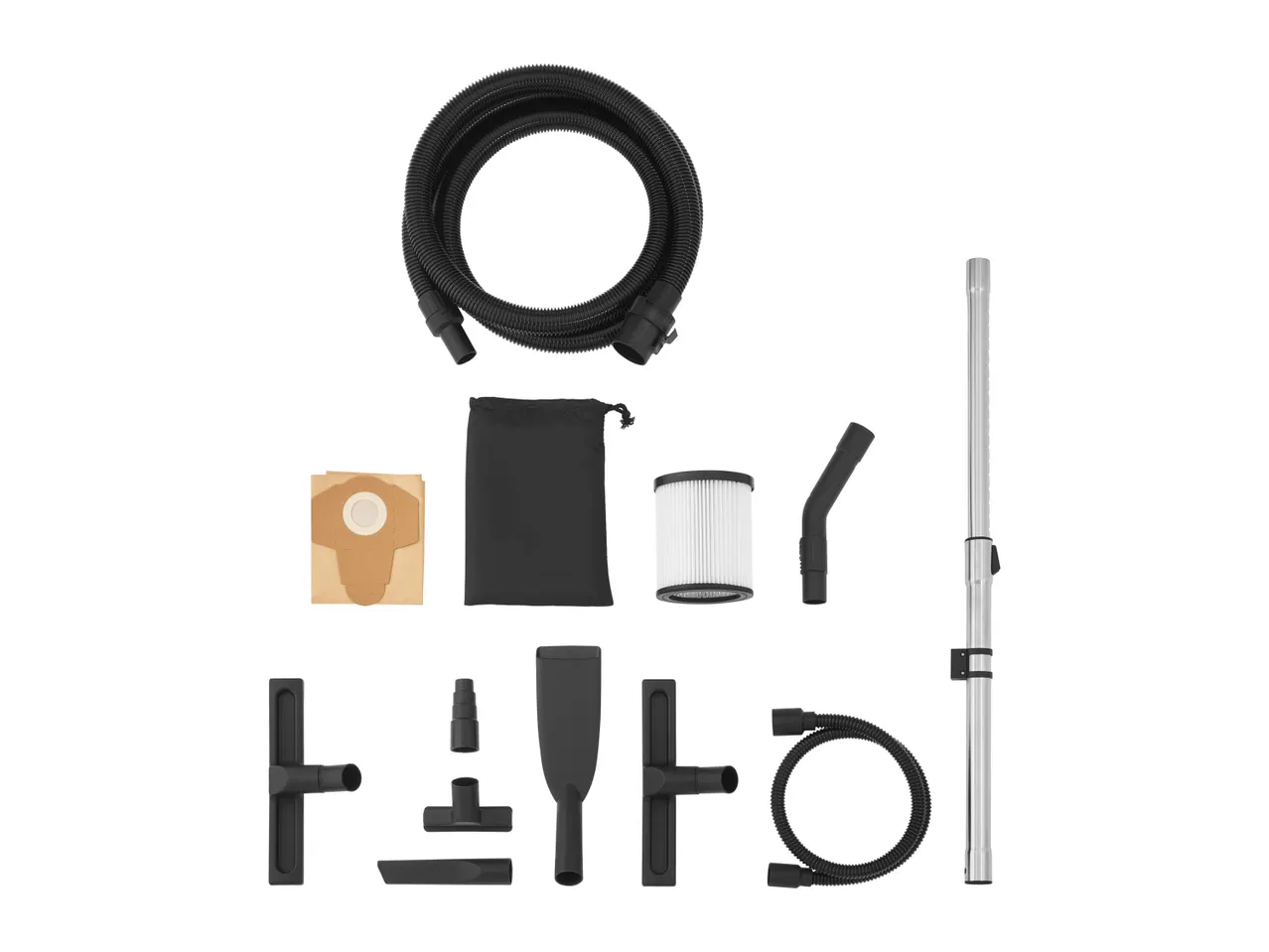 A disassembled cordless vacuum cleaner with various attachments, including a hose, wand, and different cleaning tools.
