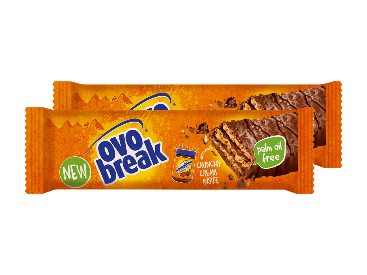 Deux barres chocolatées croustillantes avec crème, sans huile de palme, sur fond orange.