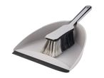 Grey dustpan and brush set with black bristles, angled view.