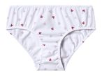 White women's briefs with a pattern of small red, pink, and beige hearts.