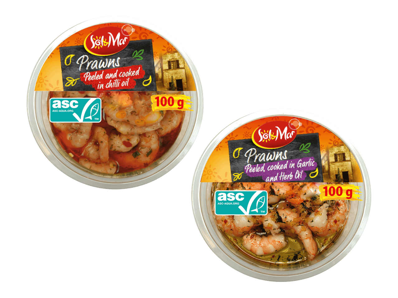 Kaksi pakkausta kuorittuja ja kypsennettyjä katkarapuja, toinen chiliöljyssä ja toinen valkosipuli-yrttiöljyssä, molemmat 100 g.