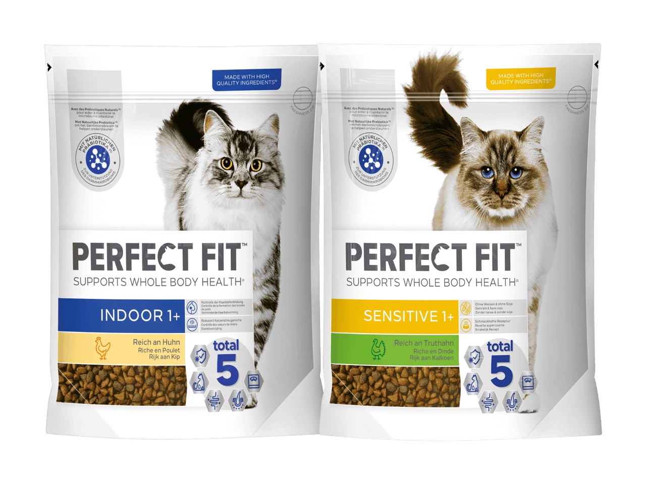 Zwei Packungen Katzenfutter: Indoor 1+ mit Huhn und Sensitive 1+ mit Truthahn, beide für die Ganzkörpergesundheit.