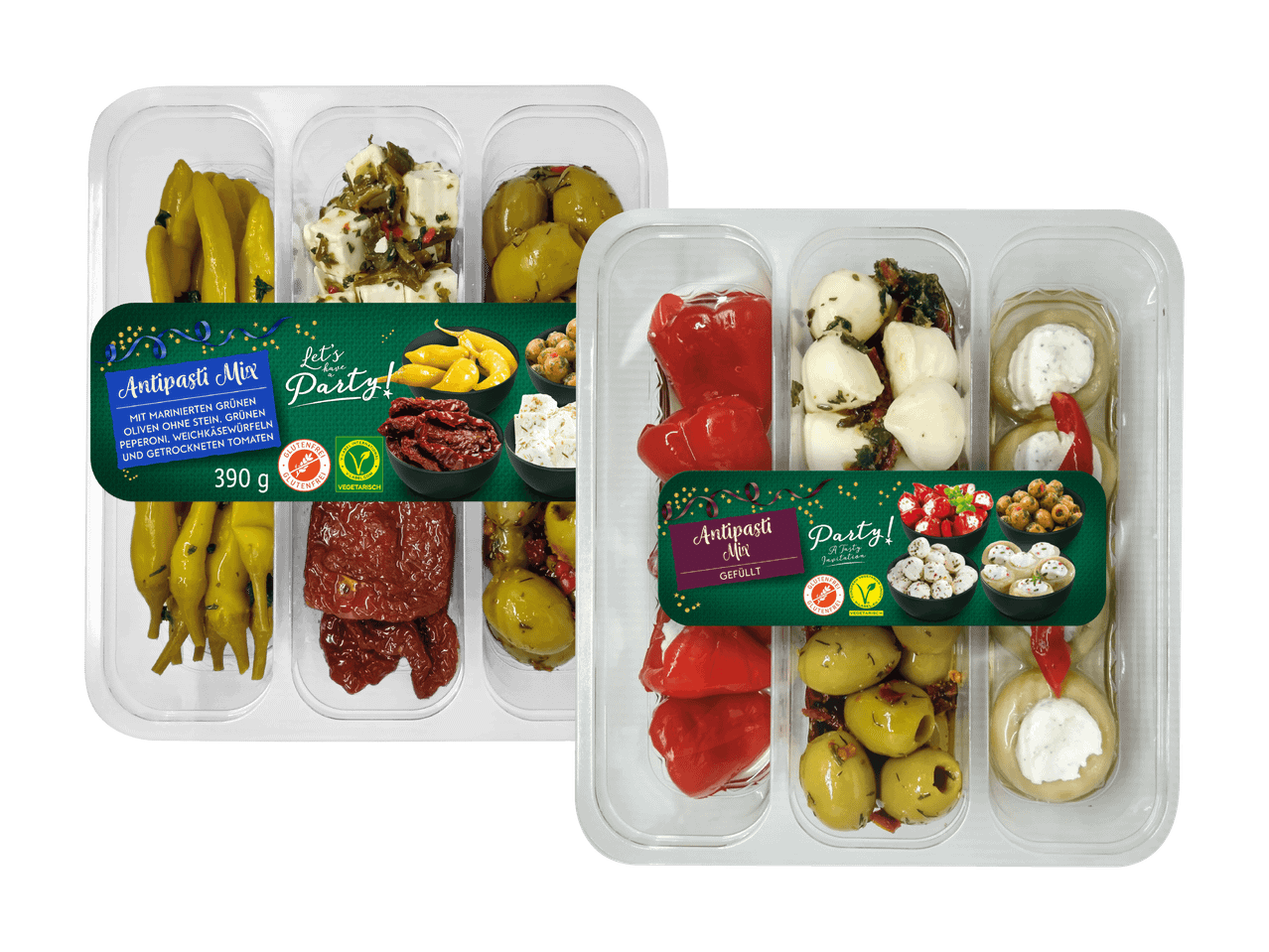 Zwei Antipasti-Mix-Packungen mit Oliven, Peperoni, Käsewürfeln und getrockneten Tomaten.