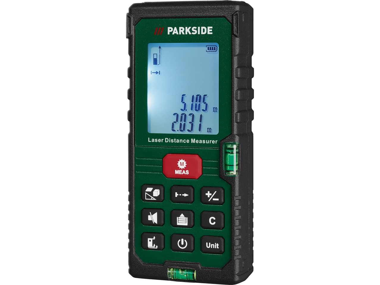 Parkside laser-kaugusmõõtja, mis näitab 5,105m ja 2,031m mõõtmisi.