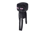 Black plush toy with a block-shaped head and body, long thin limbs, and pink pixelated eyes.