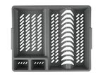 Grey plastic dish drainer with multiple compartments for plates, cutlery, and other kitchenware.
