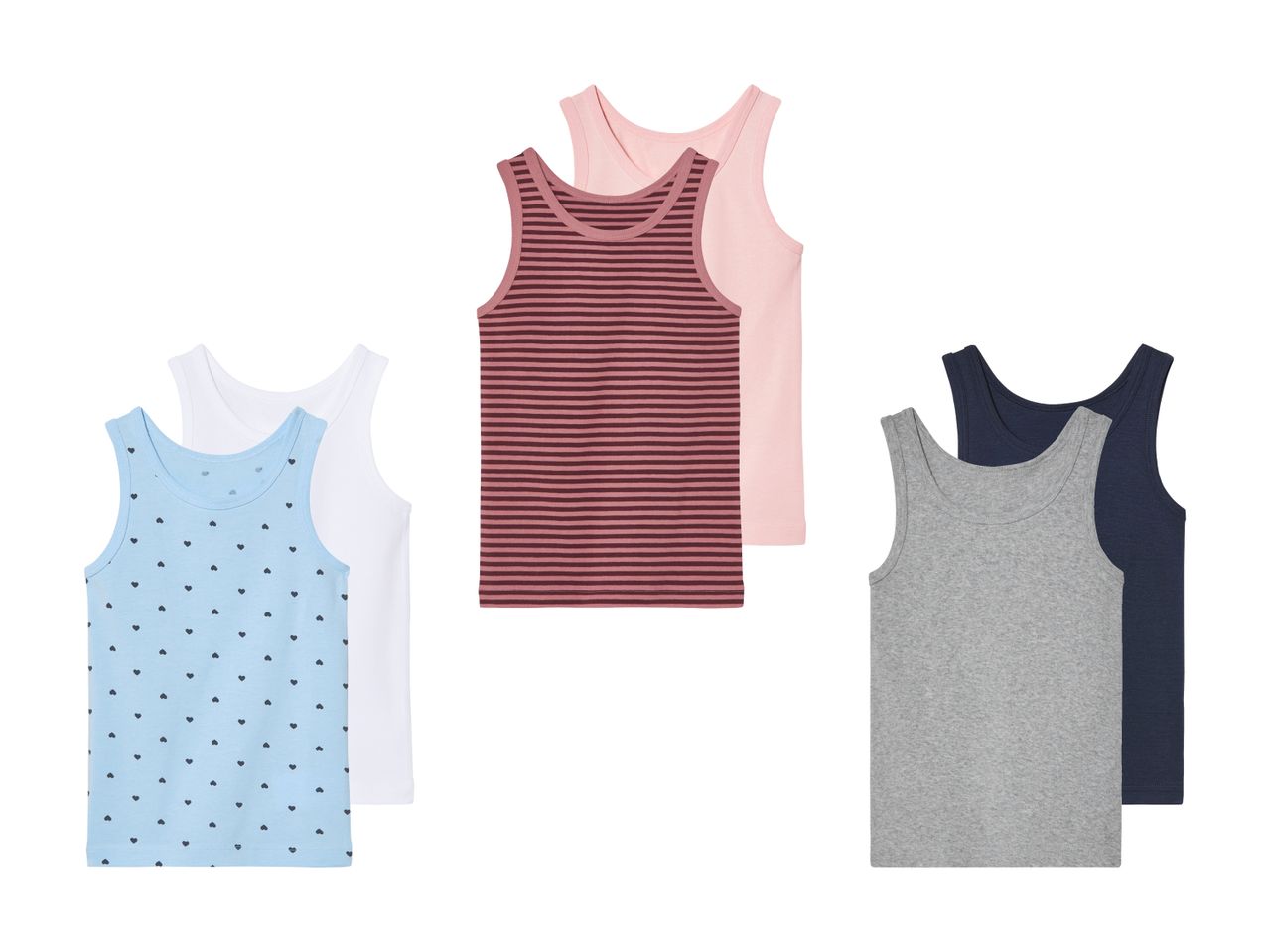 Sechs Mädchen-Tanktops in verschiedenen Farben und Mustern.