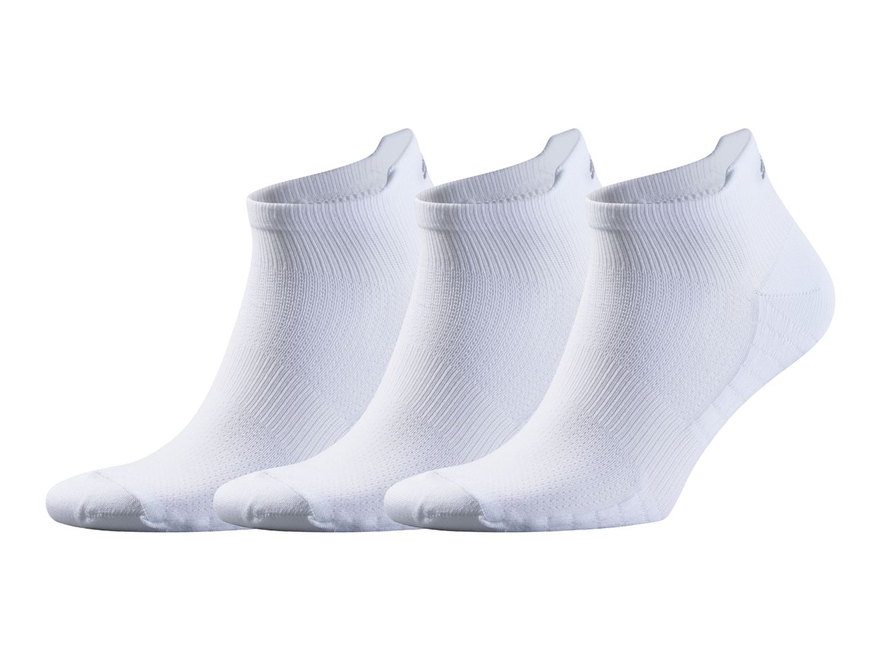 Three pairs of white ankle socks with ribbed cuffs and textured soles.