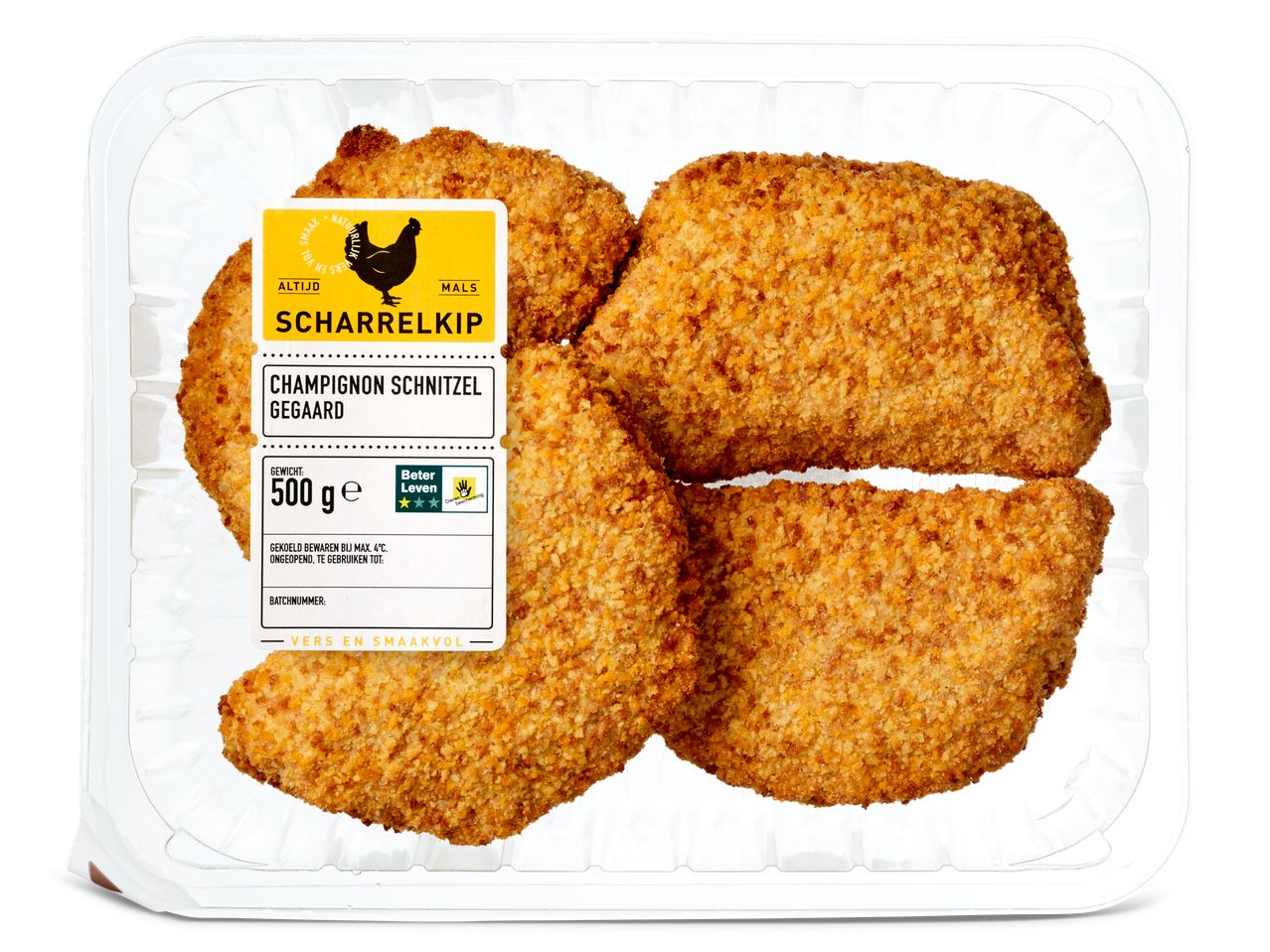 Verpakking met vier gepaneerde kipschnitzels met champignonvulling.