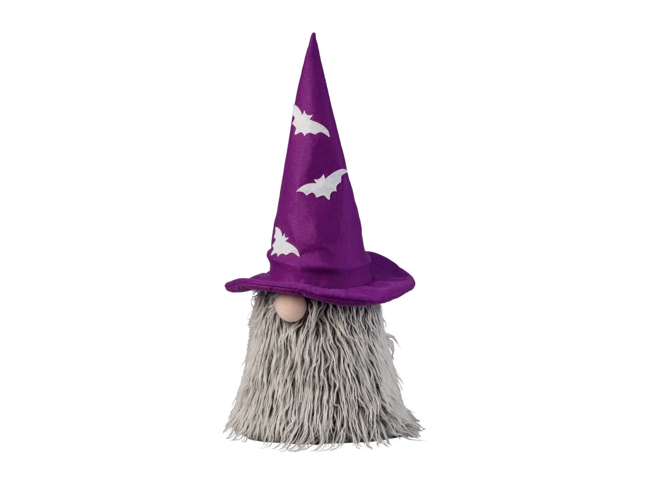 Halloween gnome decoration with a purple witch hat and grey beard
