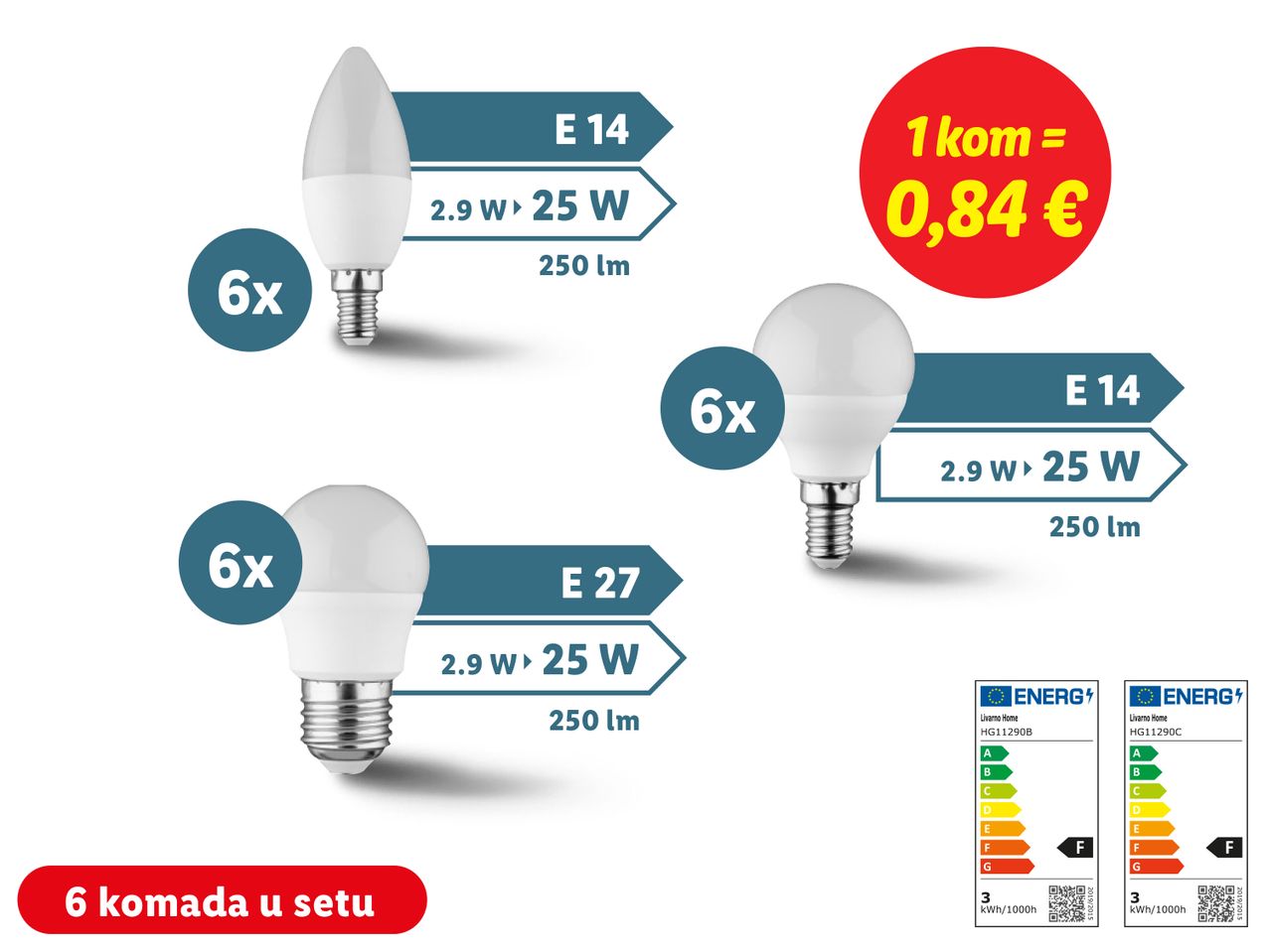 Set od 6 LED žarulja Livarno Home (E14 i E27) - 2.9W, 25W ekvivalent, 250lm.