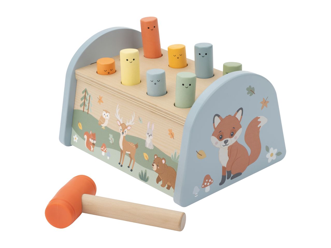 Wooden hammer bench with colorful pegs and forest animal illustrations, including a fox and deer.
