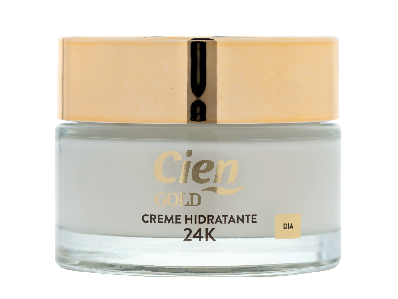 Creme Facial de Dia Cien Gold 24K num frasco de vidro com tampa dourada.