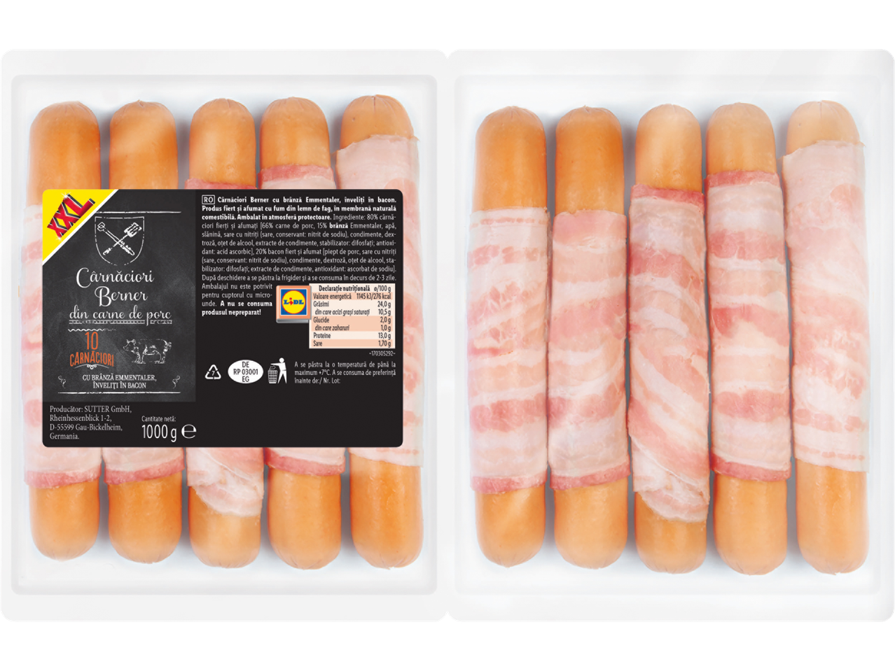 Cârnați Berner cu bacon, 10 bucăți, 1000g.