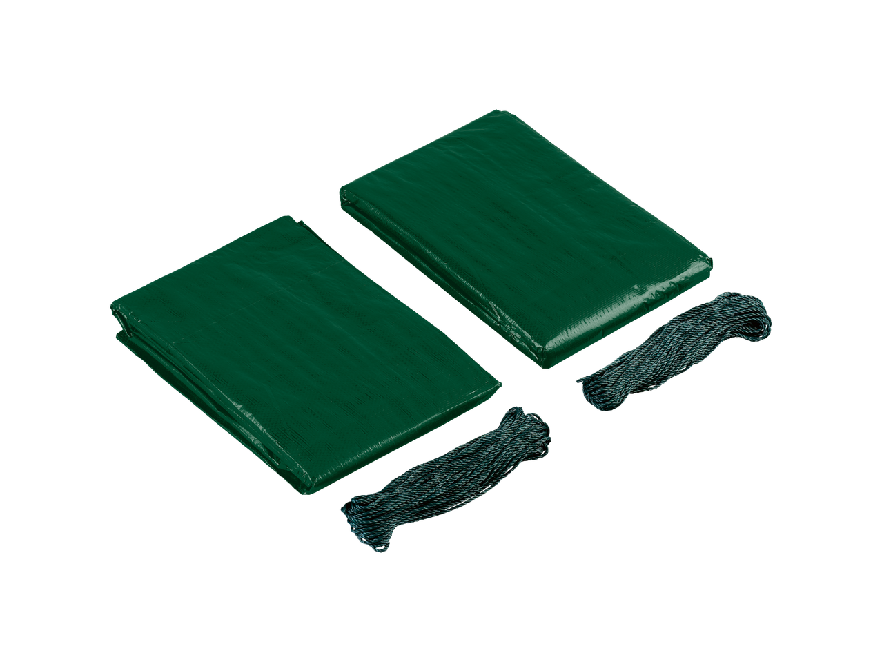 PARKSIDE® Tarpaulin Assortment with two green tarpaulins and two bundles of rope.