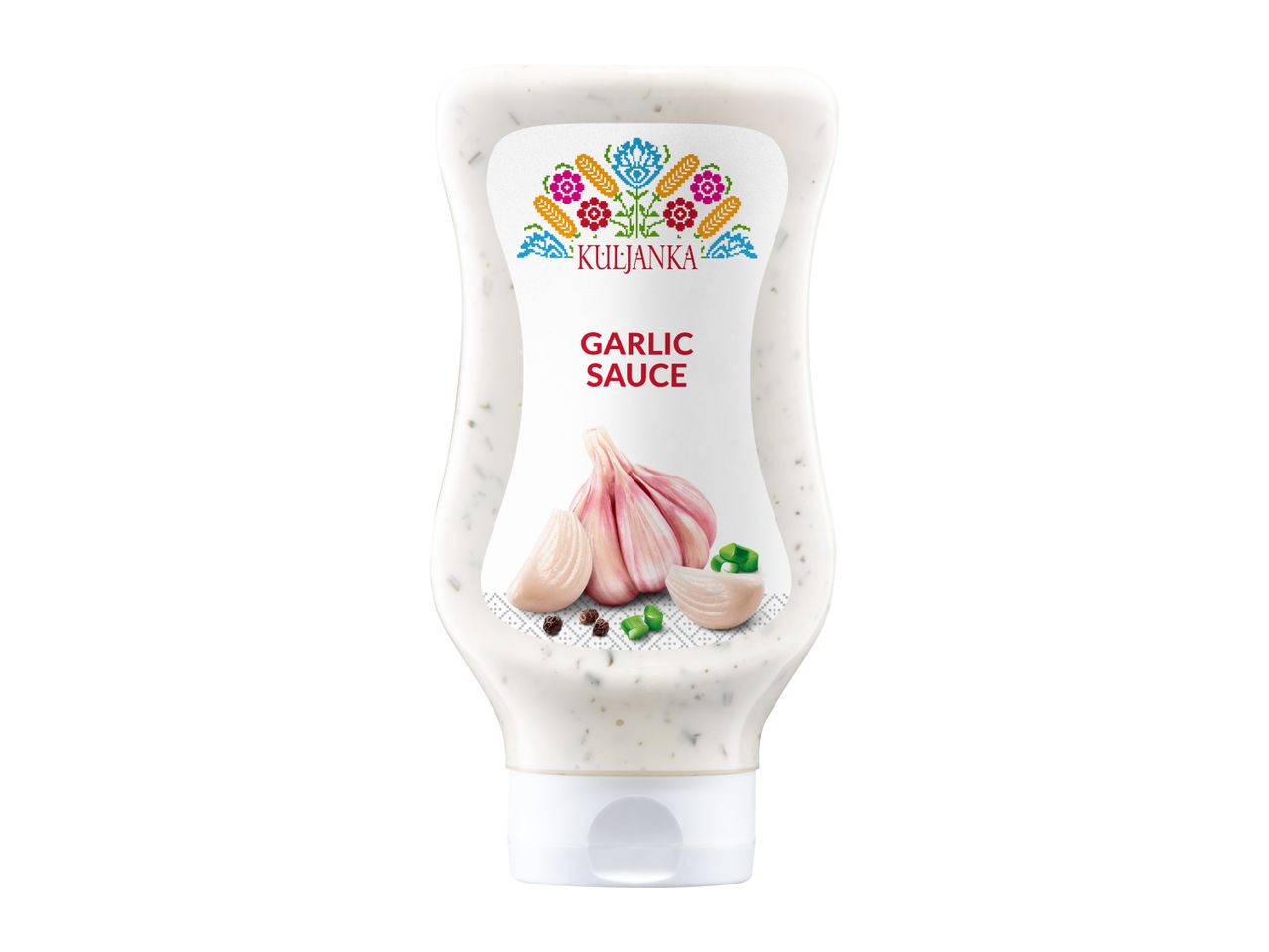 White squeeze bottle of garlic sauce with a colorful folk art label and garlic illustration.