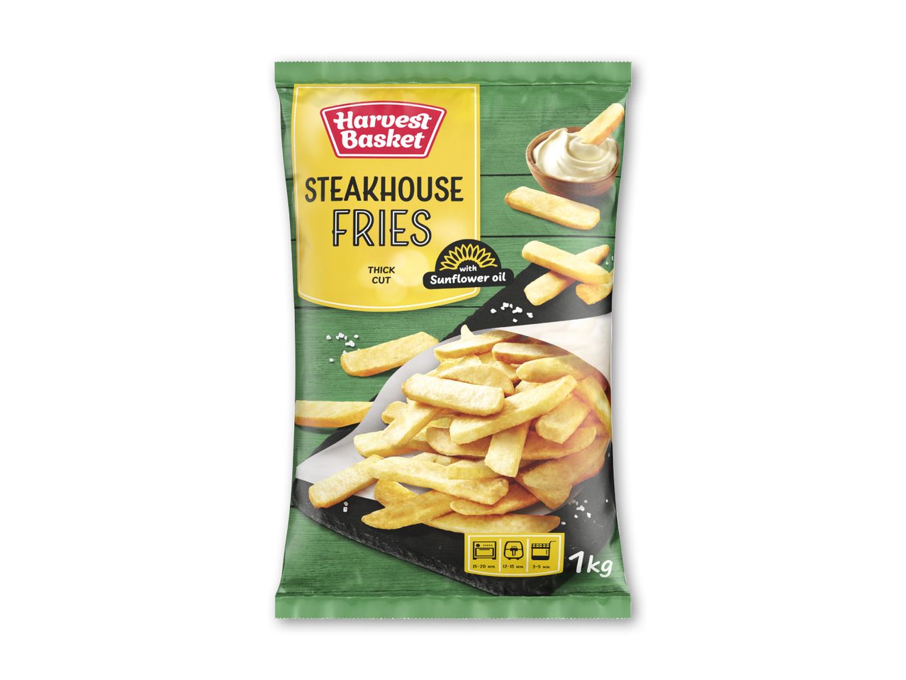 Pose med tykke steakhouse-fritter med solsikkeolie, klar til ovn, friture eller airfryer.