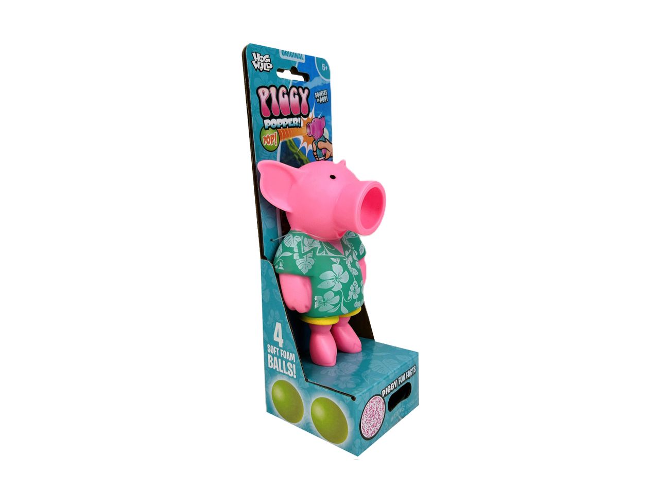 Pink pig-shaped popper toy in a box, wearing a green Hawaiian shirt, with four soft foam balls.