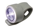 Grey silicone bicycle light with a clear lens and a power button symbol on top.