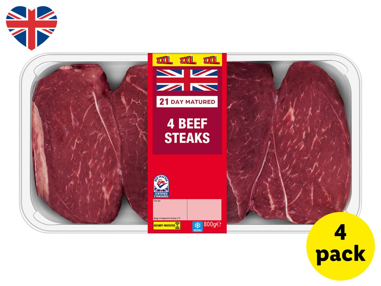 Pack of 4 beef steaks, 21-day matured, 800g, with a Union Jack heart symbol.