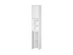 White tall bathroom cabinet with a closed top compartment and open shelves below.