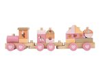 Wooden toy train with animal and nature-themed blocks in pink, orange, and natural wood.