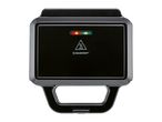Black sandwich maker with red and green indicator lights and a hot surface warning symbol.