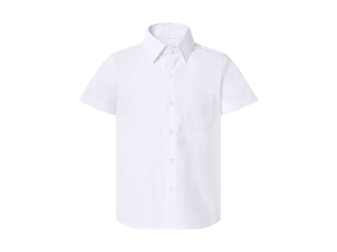 White short-sleeved button-up shirt with a collar and a chest pocket.