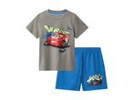 Kids' grey t-shirt with a red race car and blue shorts with a black race car.