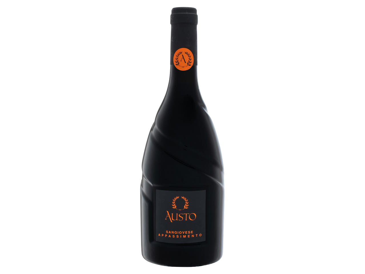 Sötét üveg borosüveg narancssárga címkével, rajta „ALISTO SANGIOVESE APPASSIMENTO” felirattal.