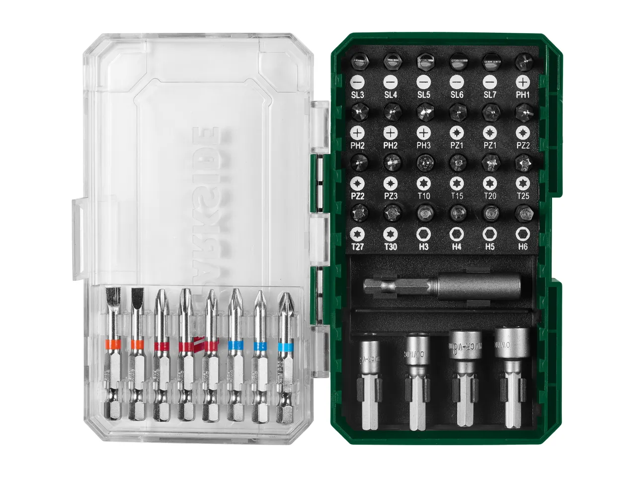 Screwdriver bit set with various sizes of flathead, Phillips, Pozidriv, Torx, and hex bits.