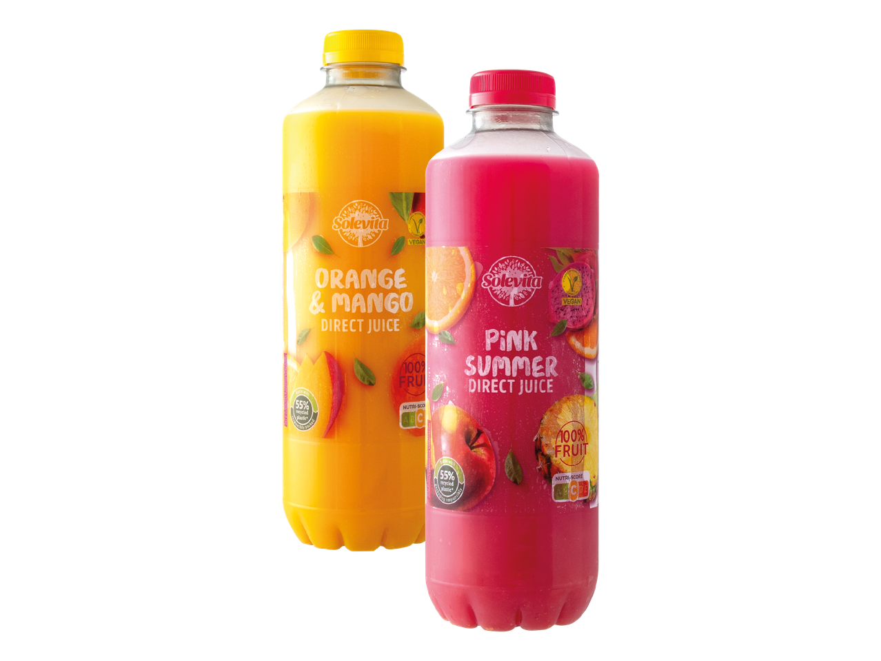 Dvije boce voćnog soka, jedna narančasta s okusom naranče i manga, a druga ružičasta s okusom ružičastog ljeta.