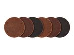 Six round abrasive pads in varying shades of brown and black, arranged in a row.