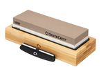 Whetstone with 1000# grit on a bamboo base, with a black sharpening guide.