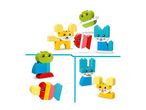 Colorful building blocks forming various animals like a mouse, bird, and cat.